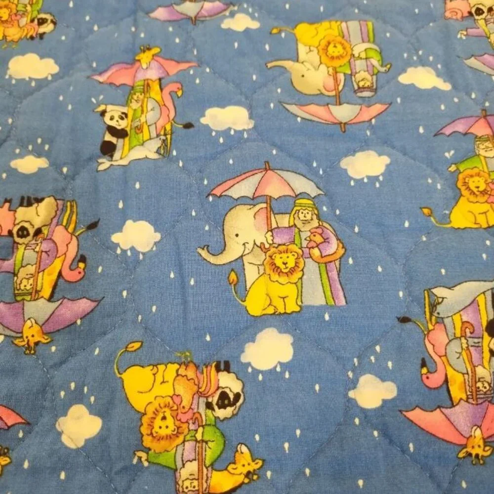 Vintage Handmade Quilted Baby Blanket Noah's Ark with Animals and Rainbow 34x42